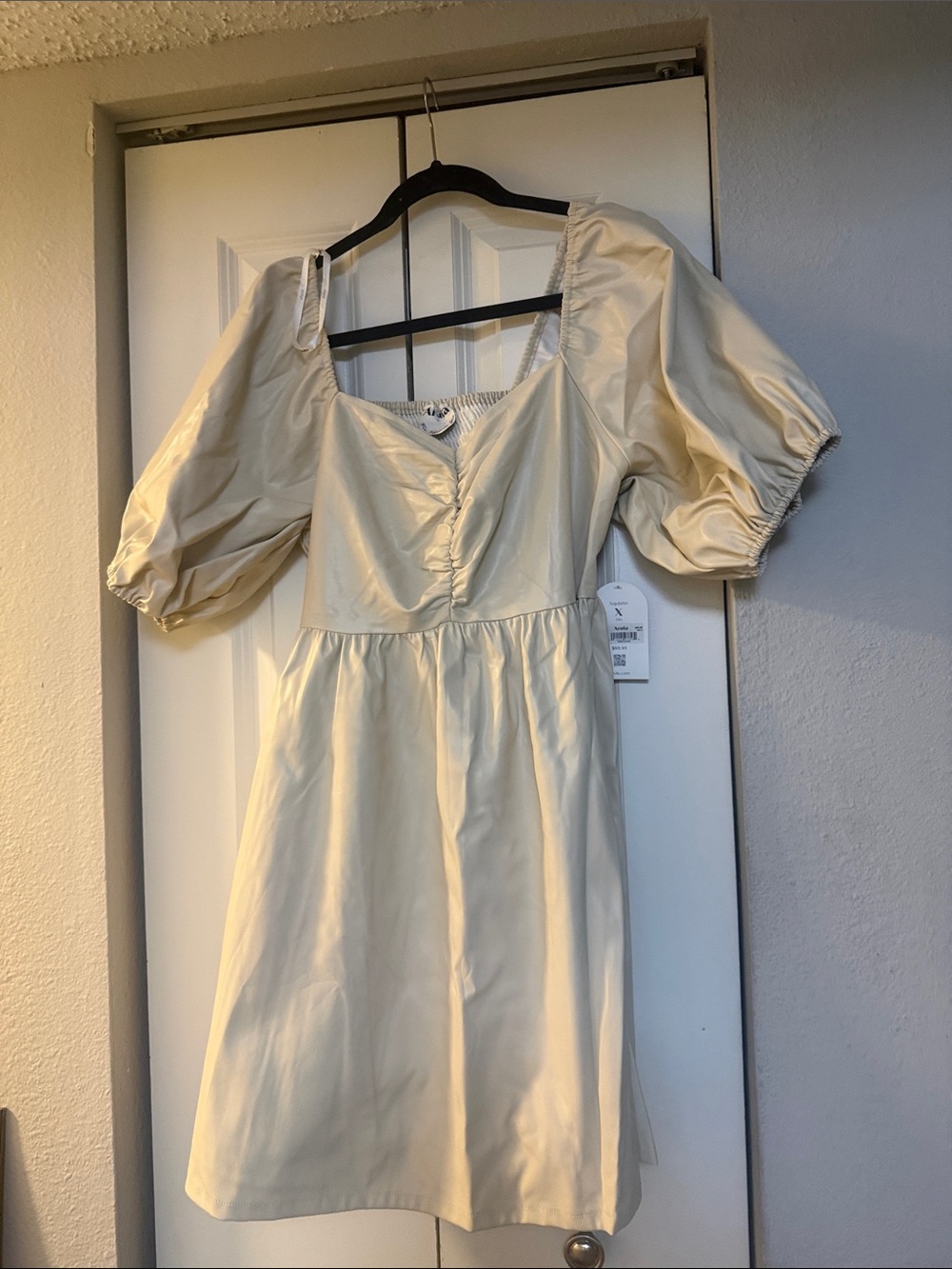 ARULA Cream Puff-Sleeve Faux Leather Mini Dress